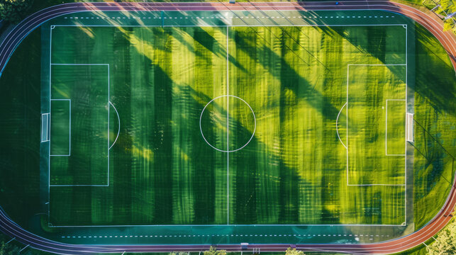 Aerial View of a Lush Green Soccer Field in the Morning Sunlight. Concept of Sports Venue, Athletic Facility, Outdoor Recreation Area, and School Sports Field - Powered by Adobe