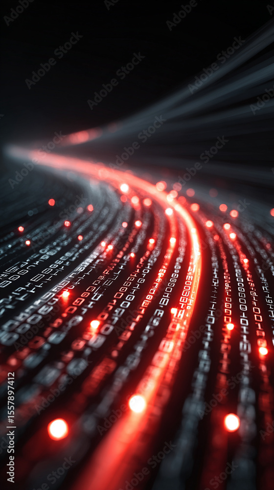 Poster binary code streams forward along a glowing digital road, symbolizing data transmission, connectivit