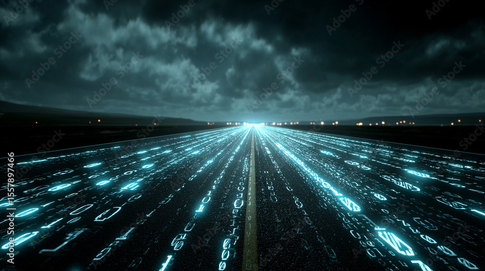 Poster binary code streams forward along a glowing digital road, symbolizing data transmission, connectivit