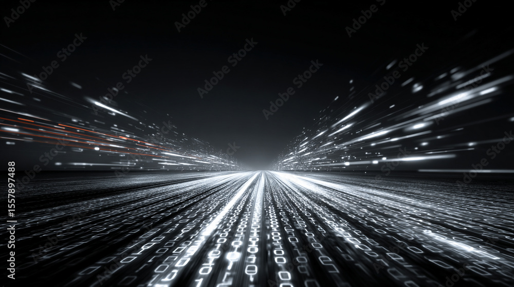 Poster binary code streams forward along a glowing digital road, symbolizing data transmission, connectivit