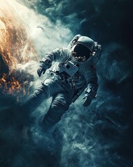 Fototapeta premium Astronaut adrift, cosmic nebula, spacewalk, exploration