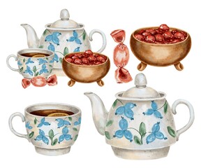 Watercolor illustration of a ceramic teapot and teacup with blue floral design, cherry jam in a brown bowl, and candy set. Perfect for food packaging, tea branding kitchen decor and Maslenitsa themes