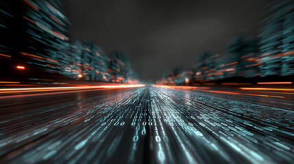 Binary code streams forward along a glowing digital road, symbolizing data transmission, connectivity, and futuristic technology. Abstract concept of digital infrastructure in motion.

