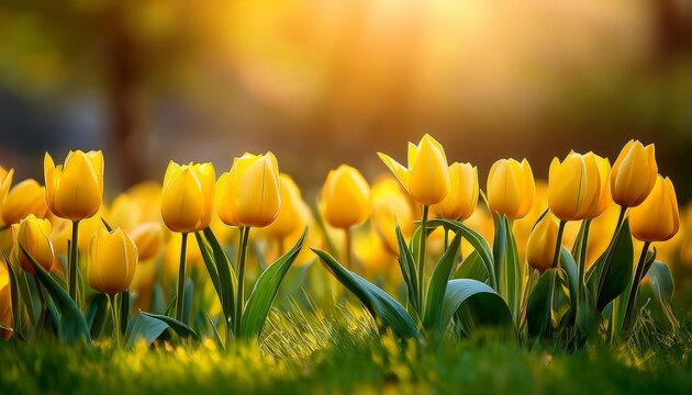 yellow tulips in a row growing in green grass illuminated by golden sunlight in a natural setting