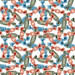Seamless watercolor pattern with wrapped candies in red, green, and blue wrappers. Perfect for packaging, textiles, children's products, and festive seasonal designs including Maslenitsa