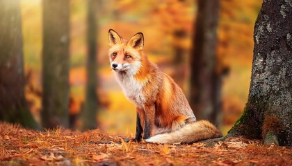 Naklejka premium the fox is sitting in the autumn forest