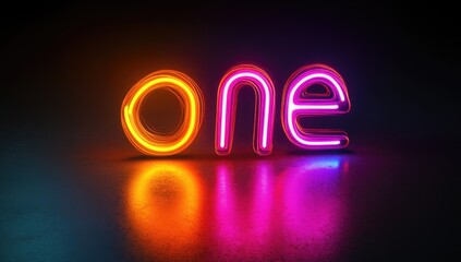 Neon word one on dark surface, studio shot.  Possible use design element