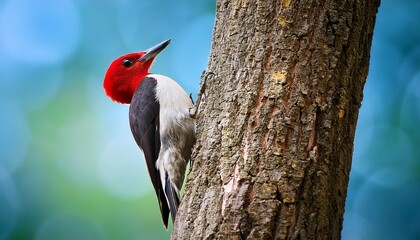redheaded woodpecker on tree