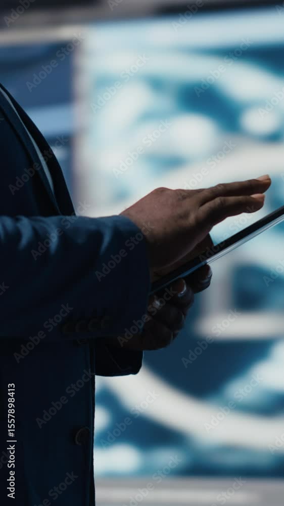 Poster vertical video in a futuristic digital workspace, black developer programming software and explores 