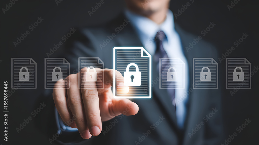 Poster businessman presses virtual document file with padlock, showing digital data protection, cybersecuri