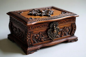 Intricately Carved Antique Wooden Jewelry Box with Velvet Interior Perfect for Storing Precious Keepsakes and Adding Elegant Charm to Any Home Decor.