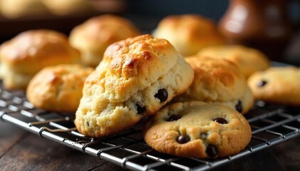 Warm Golden Brown Biscuits and Chocolate Chip Cookies Cooling on Wire Rack, Delightful Sweet Treat, Homemade Baked Goods