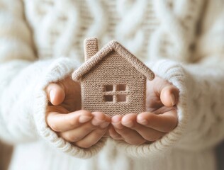 Hands hold small home, cozy sweater, soft light.  Warm home concept