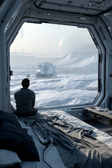 A space traveler on another planet in a residential module near a window.