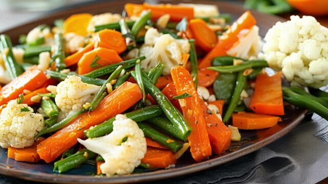 Delicious and healthy meal with steamed carrots, cauliflower and green beans seasoned with garlic and herbs served on a plate