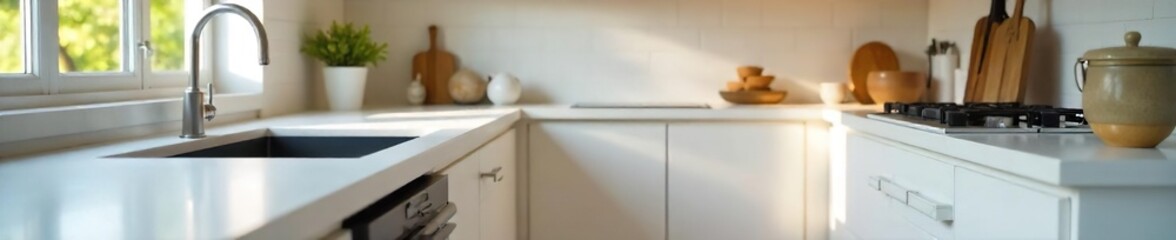 Sparkling Clean Kitchen Counters Gleaming Surfaces After a Thorough Cleaning Session.  Showcase a Fresh, Hygienic, and Organized Space with Spotless Appliances and Shiny Wood Accents.