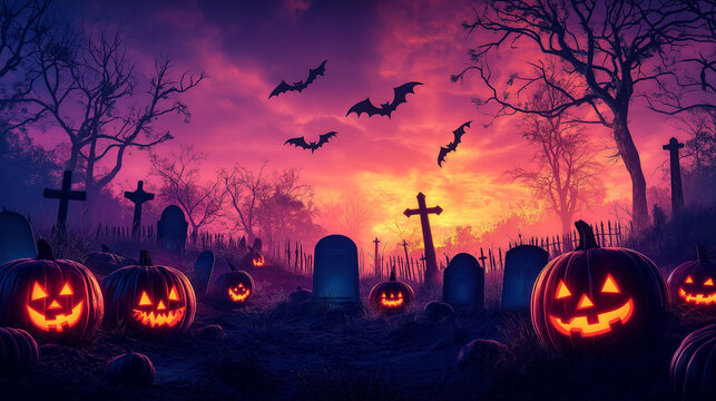 Happy Halloween Text Banner, Halloween cemetery landscape with old house, pumpkins and tombstones, vector background. Halloween holiday trick or treat or party banner with midnight moon and cemetery