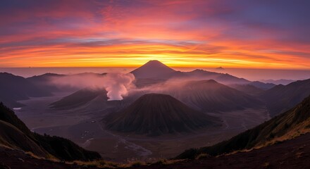 Majestic Volcanic Landscape at Sunrise Breathtaking Panorama of Mountains and Clouds