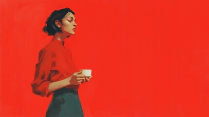 Fototapeta premium Woman in a red shirt holding a cup against a vibrant red background, representing tranquility and contemplation in a modern style, contemporary illustration.