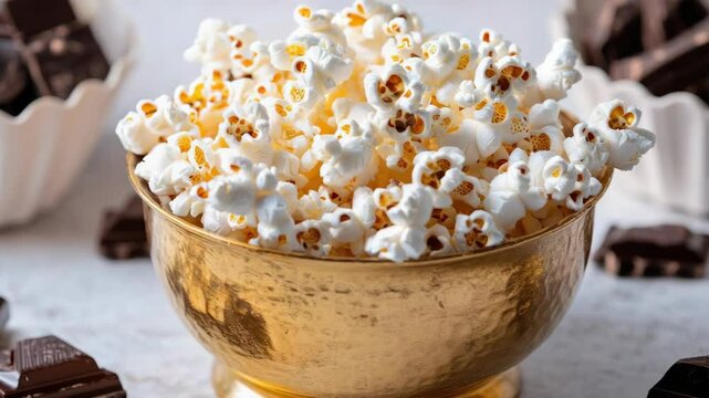 A bowl of popcorn drizzled with chocolate, ready for a sweet and savory snack or dessert.