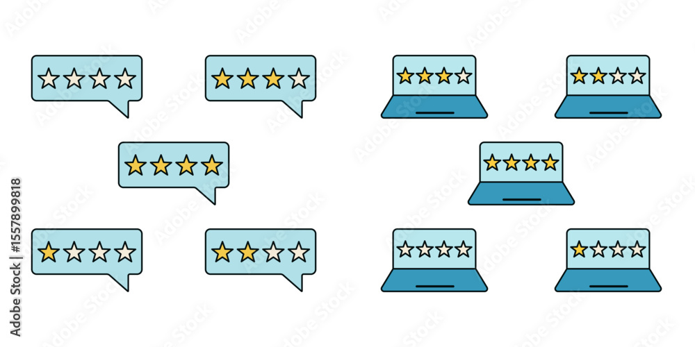 Poster flat vector icons of user ratings and online reviews with star scores in speech bubbles and laptops