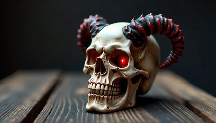 Meticulously Crafted Demonic Skull Sculpture A Terrifying Halloween Decoration on Aged Wood