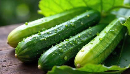 Freshly Harvested English Cucumbers Glistening with Dew, Ready for Summer Dishes