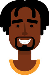 Cartoon black male face showing joyful expression with broad smile and shining eyes in flat vector style.