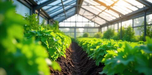 Sunlit Greenhouse Garden Lush Green Plants Thriving Under Glass Roof, Perfect for Sustainable Farming and Wellness Concepts