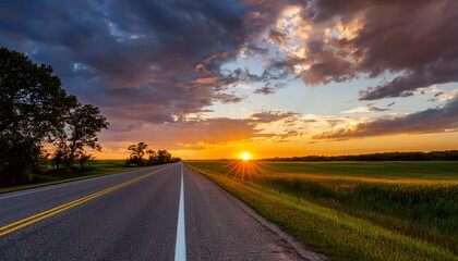 beautiful sunset sky along a highway on a summer evening in rural minnesota