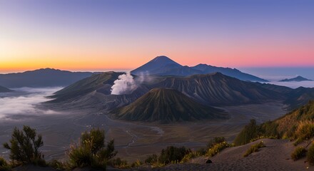 Fototapeta premium Majestic Volcanic Landscape at Sunrise Breathtaking Panorama of Indonesian Volcanoes