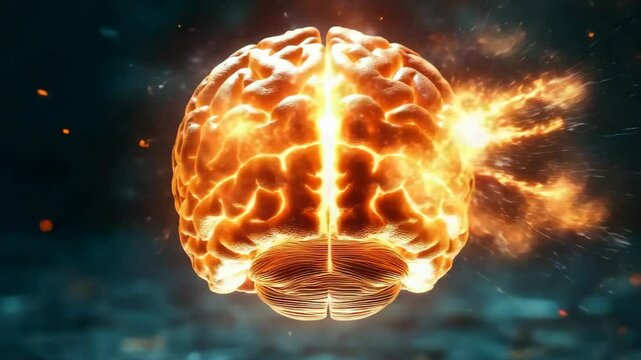 Electrical sparks and fireworks explode in the brain, symbolizing a moment of insight or realization.