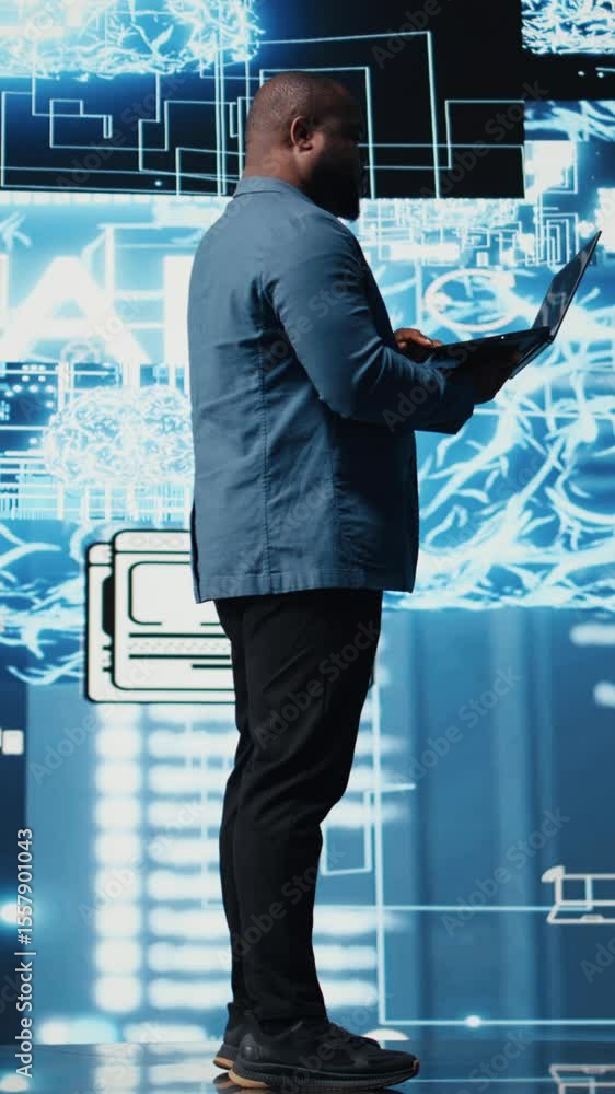 Poster vertical video african american tech expert works with ai ethics and neural networks, virtual intell