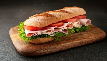 fresh deli sub sandwich with turkey ham cheese lettuce and tomato on wooden board