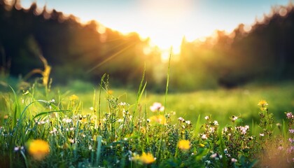 summer spring nature background with wildflowers on the grass of a forest clearing with sunlight and bokeh effect