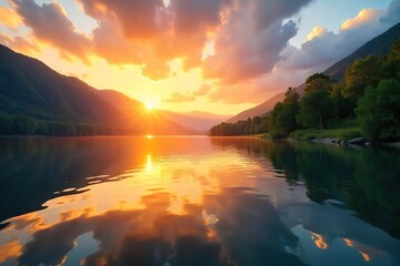 Serene Golden Hour Lake Vibrant Reflections & Calm Waters - Perfect Summer Escape