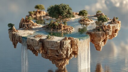 Fantasy floating island with waterfalls and lush vegetation serene nature scene
