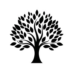 Minimalist black tree with leaves vector logo on white background, transparent PNG format, simple design