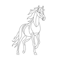 Stylized running horse in a line art style, for a coloring book page or a logo design symbolizing freedom and power, isolated on white background, vector illustration.