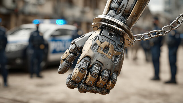 Smart humanoid robot hand cuffed in dynamic urban setting with police presence highlighting advanced technology and law enforcement