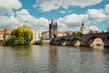Boat Tour on Vltava river under Charles Bridge, Prague. Praha, old european city