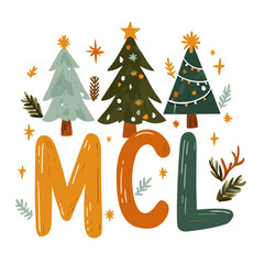 Vector flat color cute cartoon 'MCL' lettering with Christmas trees and antlers, simple logo style on transparent background, holiday theme.