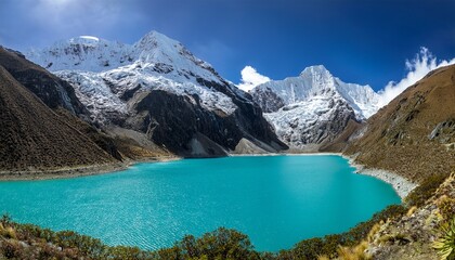 laguna 69 with turquoise water and snowy mountains in huaraz peru