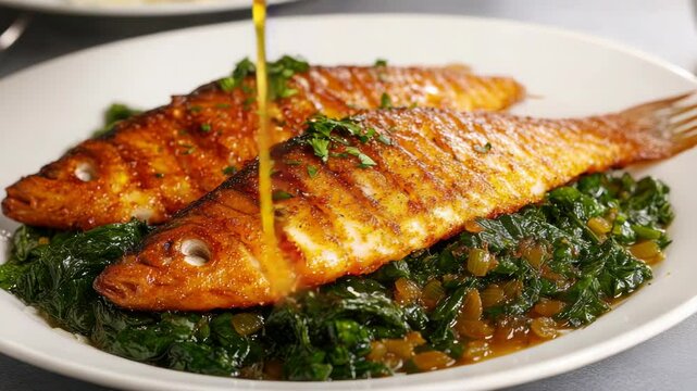 A delicious meal featuring a pan-seared fish, cooked with spinach and peas as side dishes.