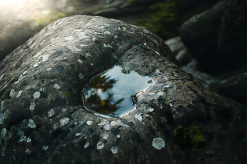 Photograph of a Sunlit Rock with a Small Water Puddle Reflecting Tree Silhouettes in a Tranquil Natural Setting