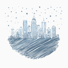 chalk skyline silhouette of urban rooftops and towers perched on a smeared horizon line with moody texture
