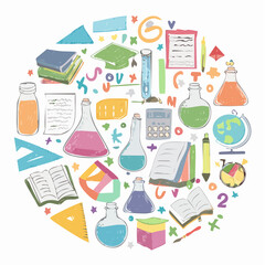 whimsical retro classroom doodles featuring arithmetic equations chemical flasks and playful school icons