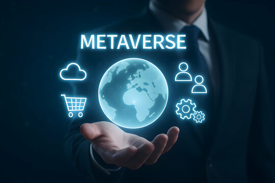 Metaverse concept businessman presenting virtual world technology