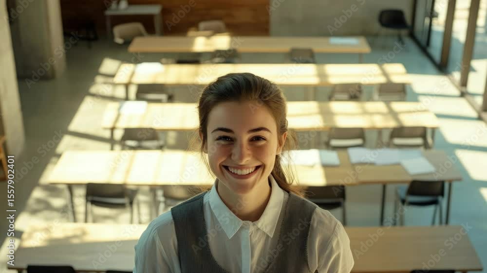 Poster friendly instructor in classroom.