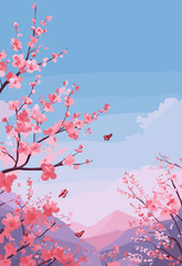 Vector illustration of a spring mountainside with blooming peach blossoms, blue sky, white clouds, and fluttering butterflies in pink-purple gradient.